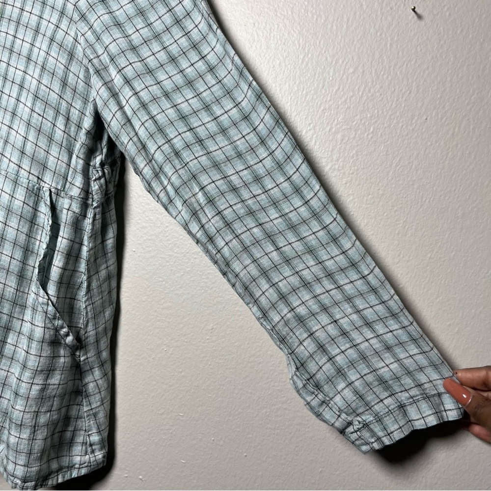 Flax Women 100% Linen Top Small Green Plaid Long Sleeve Buttons Coastal Lagenloo - Picture 2 of 10